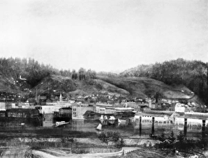 OREGON: PORTLAND. An early view of the waterfront in Portland, Oregon, mid-19th century OREGON: PORTLAND. An early view of the waterfront in Portland, Oregon, mid-19th century