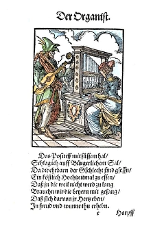 ORGANIST, 1568. An organist accompanied by a string musician ORGANIST, 1568. An organist accompanied by a string musician