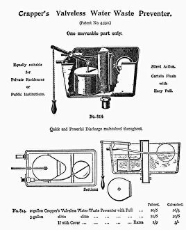1880s Gallery: Patent drawing for Thomas Crappers sanitary innovation, the Water Waste Preventer, 1880s