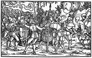 PEASANTS WAR, 1539. Rebellious peasants, under the Bundschuh banner, surround a noble PEASANTS WAR, 1539. Rebellious peasants, under the Bundschuh banner, surround a noble