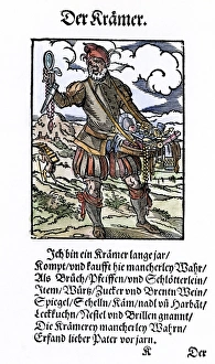 PEDDLER, 1568. Woodcut, 1568, by Jost Amman PEDDLER, 1568. Woodcut, 1568, by Jost Amman