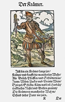 PEDDLER, 1568. Woodcut, 1568, by Jost Amman PEDDLER, 1568. Woodcut, 1568, by Jost Amman