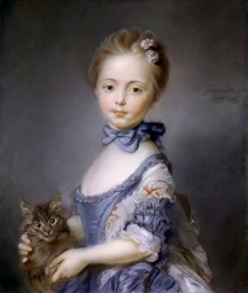 PERRONNEAU: GIRL, 1745. J.B. Perronneau: Girl with a kitten. Pastel, 1745