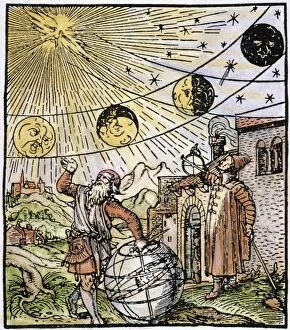 PHASES OF THE MOON. Woodcut designed by Hans Holbein the Younger from Sebastian Munsters Canones super novum