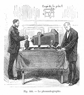 PHONAUTOGRAPH, c1857. A demonstration of the phonautograph, a sound-recording device invented by L PHONAUTOGRAPH, c1857. A demonstration of the phonautograph, a sound-recording device invented by L
