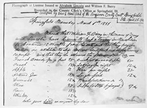 Images Dated 9th May 2007: Photograph of a tavern license granted to Abraham Lincoln and William F