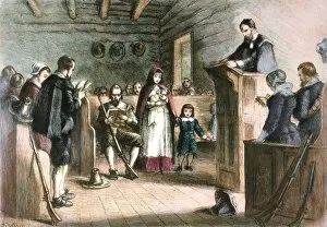 PILGRIMS AT CHURCH. Public worship at Plymouth, Massachusetts, by the Pilgrims. Wood engraving, 19th century