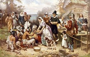 Colonist Collection: PILGRIMS: THANKSGIVING, 1621. The First Thanksgiving of the Pilgrims, 1621