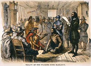 PILGRIMS TREATY. The Pilgrims treaty with Chief Massasoit in William Bradfords house at PILGRIMS TREATY. The Pilgrims treaty with Chief Massasoit in William Bradfords house at