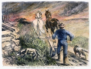 PLOWING, 1868. An American farmer on the western prairie plowing a fire guard around his PLOWING, 1868. An American farmer on the western prairie plowing a fire guard around his