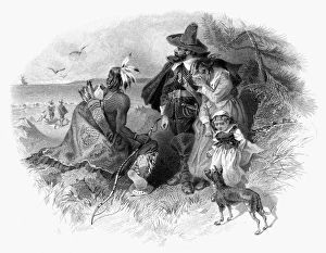 PLYMOUTH: PILGRIMS & NATIVE AMERICAN. Pilgrims and a Native American at Plymouth PLYMOUTH: PILGRIMS & NATIVE AMERICAN. Pilgrims and a Native American at Plymouth