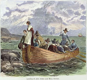 Bonnet Gallery: PLYMOUTH ROCK: LANDING. The landing of John Alden, Mary Chilton