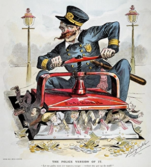 POLICE CORRUPTION CARTOON. The Police Version of It. American cartoon, 1894 POLICE CORRUPTION CARTOON. The Police Version of It. American cartoon, 1894
