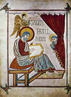 Biblical Collection: PORTRAIT OF SAINT MATTHEW. Book of Lindisfarne Gospels. Written and illuminated about 700 A