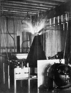 Portrait Prints: Print of the Tesla coil in Nikola Tesla's laboratory