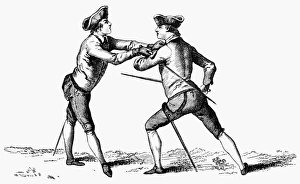 Position after disarming in epee or foil fencing. Copper engraving, French Position after disarming in epee or foil fencing. Copper engraving, French