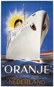 Poster by Jean Walther, 1939, for the Dutch liner 'Oranje,' launched, just before World War II, for the route from Amsterdam to Batavia (now Jakarta), Java Poster by Jean Walther, 1939, for the Dutch liner 'Oranje,' launched, just before World War II, for the route from Amsterdam to Batavia (now Jakarta), Java