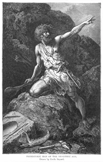 PREHISTORIC MAN. Prehistoric man of the Neolithic Age. Wood engraving, late 19th century PREHISTORIC MAN. Prehistoric man of the Neolithic Age. Wood engraving, late 19th century