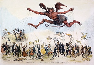 President Andrew Jackson as a diabolical puppet-master hovering over and pulling the strings attached to a crowd of President Andrew Jackson as a diabolical puppet-master hovering over and pulling the strings attached to a crowd of