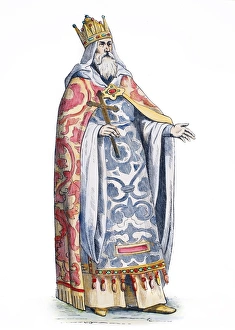 PRESTER JOHN. Legendary Christian king of Ethiopia of the 14th or 15th century. A 19th century wood engraving after Cesare Vacellios woodcut of 1598 PRESTER JOHN. Legendary Christian king of Ethiopia of the 14th or 15th century. A 19th century wood engraving after Cesare Vacellios woodcut of 1598