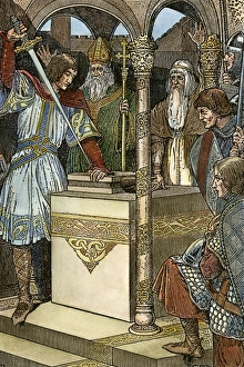 PRINCE ARTHUR, 1923. Arthur drawing the sword from the stone. Illustration by Louis Rhead PRINCE ARTHUR, 1923. Arthur drawing the sword from the stone. Illustration by Louis Rhead