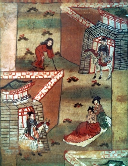 Prince Siddhartha meets an old man and a sick man. Detail of a painting on silk Prince Siddhartha meets an old man and a sick man. Detail of a painting on silk