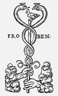 PRINTER'S DEVICE, 1515. Device used by Johann Froben, Basel, Switzerland, 1515 PRINTER'S DEVICE, 1515. Device used by Johann Froben, Basel, Switzerland, 1515