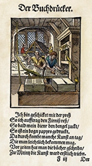 PRINTING OFFICE, 1568. The Book Printer applies the ink, his assistant pulls the lever PRINTING OFFICE, 1568. The Book Printer applies the ink, his assistant pulls the lever