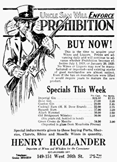 PROHIBITION, 1919. Uncle Sam Will Enforce Prohibition. Buy Now! Advertisement for a wine PROHIBITION, 1919. Uncle Sam Will Enforce Prohibition. Buy Now! Advertisement for a wine