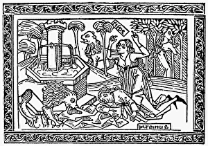 PYRAMUS AND THISBE. Woodcut, 1494, from a book of romances PYRAMUS AND THISBE. Woodcut, 1494, from a book of romances