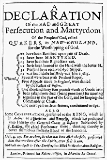 QUAKER PERSECUTION. Title page of a work, published in London in the 17th century QUAKER PERSECUTION. Title page of a work, published in London in the 17th century