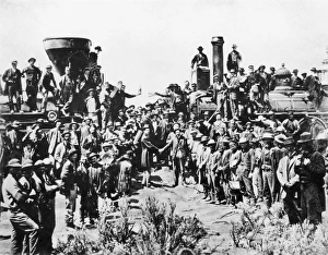 RAILROADING. The joining of the Central Pacific (left) and the Union Pacific Railroads RAILROADING. The joining of the Central Pacific (left) and the Union Pacific Railroads