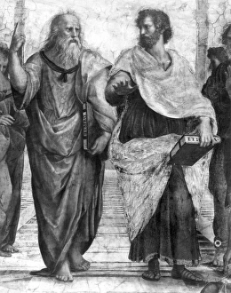 RAPHAEL: SCHOOL OF ATHENS. In the center: Plato (left), and Aristotle. Detail, fresco RAPHAEL: SCHOOL OF ATHENS. In the center: Plato (left), and Aristotle. Detail, fresco