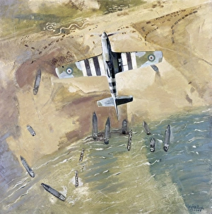 An RCAF Spitfire airplane over the beaches of Normandy after the D-Day invasion on 6 June An RCAF Spitfire airplane over the beaches of Normandy after the D-Day invasion on 6 June