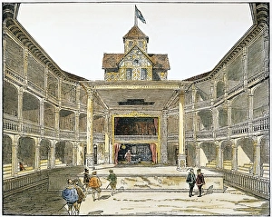 Reconstruction of the Second Globe Theatre in London; from the conjurers circle on the floor cloth Reconstruction of the Second Globe Theatre in London; from the conjurers circle on the floor cloth