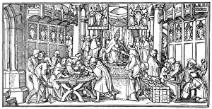 REFORMATION: INDULGENCES. The selling of indulgences. Woodcut, German, 16th century REFORMATION: INDULGENCES. The selling of indulgences. Woodcut, German, 16th century