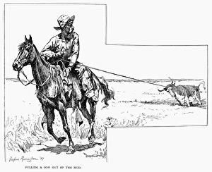 REMINGTON: COWBOYS, 1887. Pulling a cow out of the mud REMINGTON: COWBOYS, 1887. Pulling a cow out of the mud