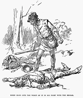 ROBIN HOOD. Robin Hood gets the worst of it in his fight with the beggar ROBIN HOOD. Robin Hood gets the worst of it in his fight with the beggar