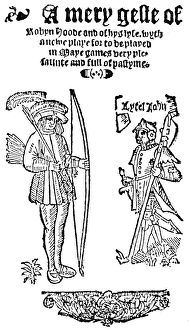 ROBIN HOOD. Woodcut title page of A Mery Geste of Robyn Hoode, 1550, featuring Robin ROBIN HOOD. Woodcut title page of A Mery Geste of Robyn Hoode, 1550, featuring Robin
