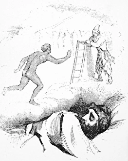 ROBINSON CRUSOE. Robinson Crusoe dreams of Fridays escape. Drawing by Grandville ROBINSON CRUSOE. Robinson Crusoe dreams of Fridays escape. Drawing by Grandville