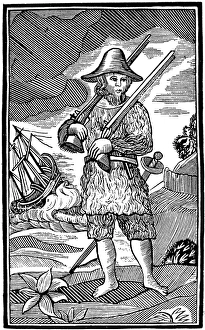 ROBINSON CRUSOE. Woodcut from an early 18th century edition of the novel by Daniel ROBINSON CRUSOE. Woodcut from an early 18th century edition of the novel by Daniel