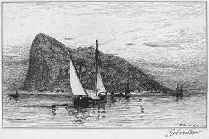 ROCK OF GIBRALTAR. Etching by Robert Swain Gifford, 1885 ROCK OF GIBRALTAR. Etching by Robert Swain Gifford, 1885