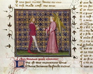 ROMANCE OF THE ROSE. Love Speaks to the Lover. Manuscript illumination, French, 1487-1495 ROMANCE OF THE ROSE. Love Speaks to the Lover. Manuscript illumination, French, 1487-1495