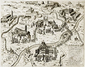 Sepia Collection: ROME: CHURCHES, 1575. Pilgrims visiting churches in Rome. Line engraving, 1575