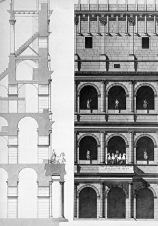 ROME: COLOSSEUM. Cross-section and elevation drawings of a reconstruction of the ROME: COLOSSEUM. Cross-section and elevation drawings of a reconstruction of the