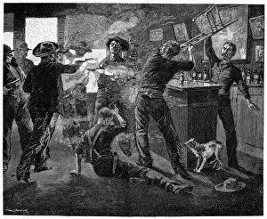 A row in a cattle town. Line engraving, 19th century A row in a cattle town. Line engraving, 19th century