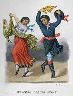 RUSSIAN GYPSIES, 1830. Russian gypsies dancing. Watercolor by Fedor Solntsev, 1830 RUSSIAN GYPSIES, 1830. Russian gypsies dancing. Watercolor by Fedor Solntsev, 1830