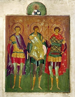 RUSSIAN ICON: SAINTS. Three warrior saints. Tempera on wood Russian Orthodox icon RUSSIAN ICON: SAINTS. Three warrior saints. Tempera on wood Russian Orthodox icon