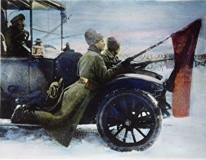 RUSSIAN REVOLUTION, 1917. Pro-Bolshevik soldiers, with red flags fixed to their bayonets RUSSIAN REVOLUTION, 1917. Pro-Bolshevik soldiers, with red flags fixed to their bayonets