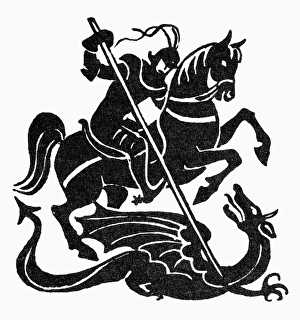 SAINT GEORGE AND THE DRAGON. Symbol of courage. Woodcut SAINT GEORGE AND THE DRAGON. Symbol of courage. Woodcut